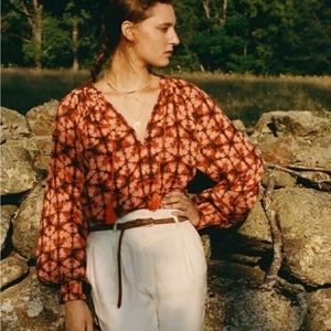 Anthropologie Porridge Elisabeth Peasant Bohemian Style Tassel Top Orange Small
